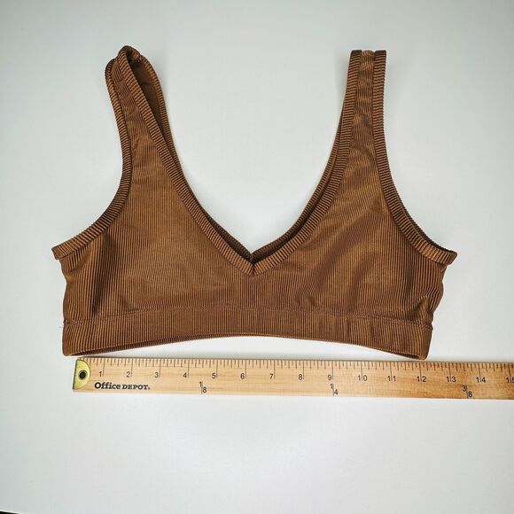 Weworewhat Brown V-Neck Form Fitting Stretch Pullover Ribbed Sports Bra Medium - Picture 6 of 13